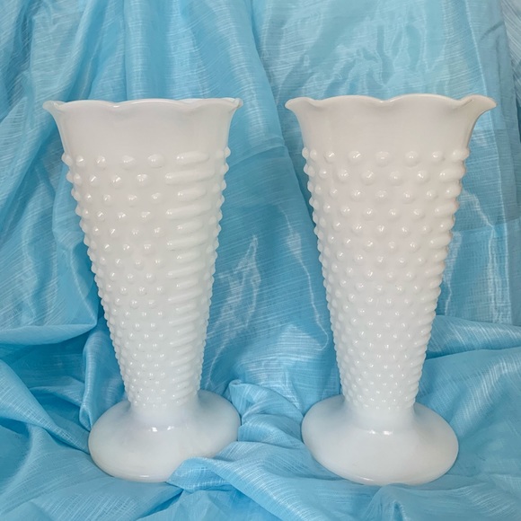 Pair Of Hobnail Milk Glass Vases